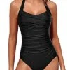 Halter Vintage Swimwear Slimming One Piece Swimwear-Black