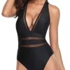 Women One Piece Plunge V Neck Monokini Sexy Hollow Out Swimsuits-Black