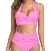 Women's Halter High Waist High Leg Bikini Swimsuit-Light Pink