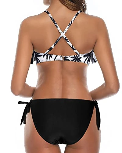 Push Up Padded Up Bra Ruffled Bikini For Women-Black Palm Tree - Image 2