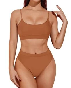 Stretchy Waistband Tummy Control Two Piece High Waisted Bikini-Brown