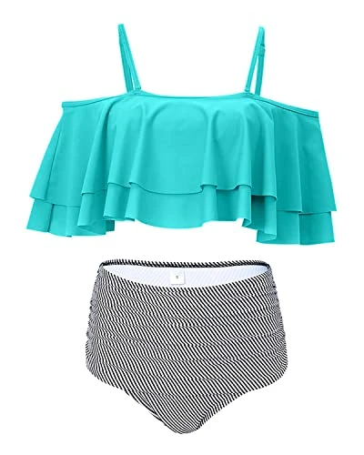 Attractive Off Shoulder Two Piece Bikini For Women-Aqua Stripe - Image 2