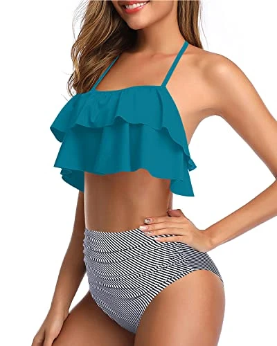 Chic High Waisted Bikini For Summer Vacation-Green Striped - Image 3