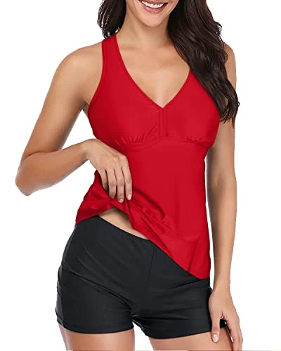 V Neck Tankini Swimwear Racerback And Boyshort-Neon Red - Image 4