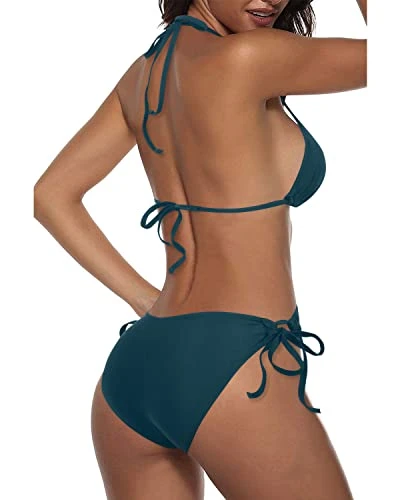 Two Piece Halter Tie Side Bottom Triangle Push Up Bikini-Teal - Image 3