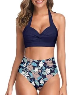 Vintage Two Piece Bikini Set Women's Bikini Swimsuits-Blue Flowers
