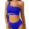 High Waisted One Shoulder Bikini High Cut Bottoms Set-Royal Blue