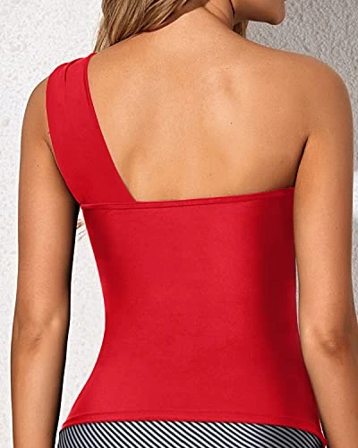 Classy Ruched Tankini Top Asymmetric Cut Swim Tops-Red - Image 3