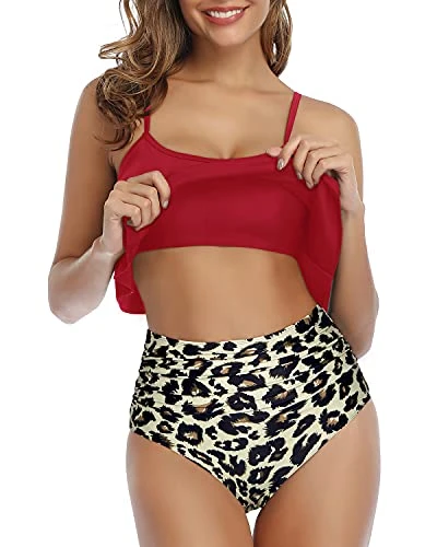 Deep Crew Neckline Bikini Set Removable Padded Push Up Bras-Red And Leopard - Image 3