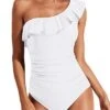 Tummy Control One Shoulder Ruffle One Piece Swimsuits-White