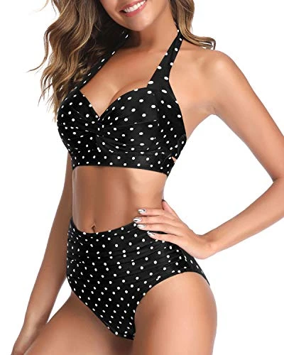 Adjustable Self-Tie Halter Neck Vintage High Waisted Bikini-Black Dot - Image 3