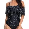 Flattering Off Shoulder One Piece Swimsuit Ruffles-Black White Dot