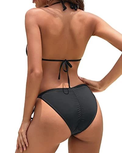 Women's Triangle String Bikini Set Push Up Halter Top-Black - Image 2