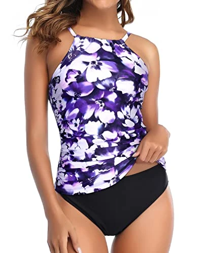 Elegant High Neck Ruched Tankini Swimsuit For Women-Blue Floral - Image 4
