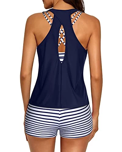 3 Piece Women's Scoop Neck Criss Cross Tankini Swimsuits-Blue White Stripe - Image 2