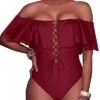 Junior's Lace Up Ruffled One Piece Bathing Suit-Maroon