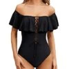 Lace-Up Front Off Shoulder Ruffle One Piece Swimsuit For Women-Black