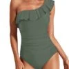 Tummy Control Ruffle One Shoulder Swimwear-Army Green