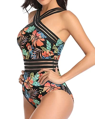 Flattering Slimming Silhouette Sexy One Piece Swimsuits-Black Red Flower - Image 4