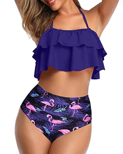 Chic Ruffle High Waisted Teen Girls' 2 Piece Bathing Suit-Blue Flamingo - Image 4