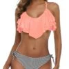 Two Side Ties Women Cross Back Bathing Suit-Coral Pink Stripe