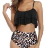 Gorgeous Ruffle Bikini Set Deep Crew Neckline And High Waisted Bottom-Black And Leopard