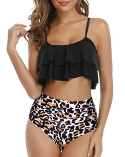 Gorgeous Ruffle Bikini Set Deep Crew Neckline And High Waisted Bottom-Black And Leopard