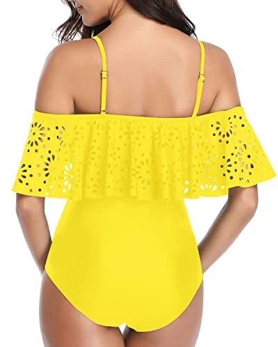 Lace Hollow Out Ruffle Flounce Off Shoulder 1 Piece Swimsuits For Women-Neon Yellow - Image 2