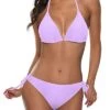 Sexy Tie Side Bottom Triangle Bikini Sets For Women-Light Purple