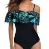 Flounce Printed One Piece Ruffled Bathing Suit-Black And Green Leaves