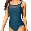 Chic Ruched Tummy Control Round Neck One Piece Swimsuits-Teal