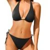 Two Piece Halter Padded Top Tie Side Bottom Triangle Bikini For Women-Black