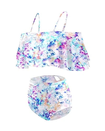 Two Piece Elegant High Waisted Off Shoulder Bikini Swimsuit-White Tie Dye - Image 3