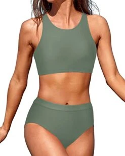 Two Piece High Waisted Bikini Swimsuits High Neck Sporty Bathing Suits For Teen Girls