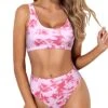 High Cut Bikini Crop Top Bottoms For Long Torso Two Piece Scoop Neck Bikini-Pink Tie Dye