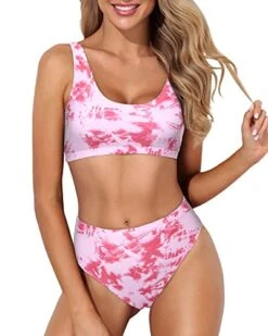 High Cut Bikini Crop Top Bottoms For Long Torso Two Piece Scoop Neck Bikini-Pink Tie Dye