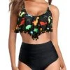 High Waisted Two Piece Bikini Swimsuit Ruffle Flounce Trim-Black Dinosaur