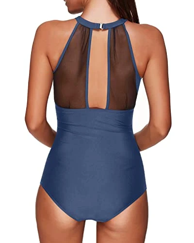 Comfortable Tummy Control High Neck Ruched Monokini For Women-Blue - Image 2