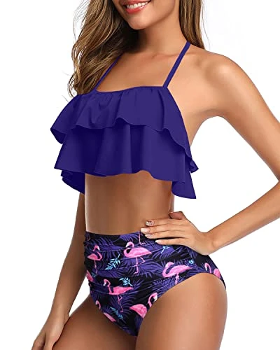 Chic Ruffle High Waisted Teen Girls' 2 Piece Bathing Suit-Blue Flamingo - Image 3