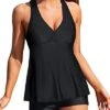 Women's Sexy V Neck 2 Piece Tankini Shorts-Black
