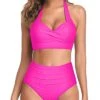 High Waisted Pleated Front Panel Women's Bikini Swimsuits-Neon Pink