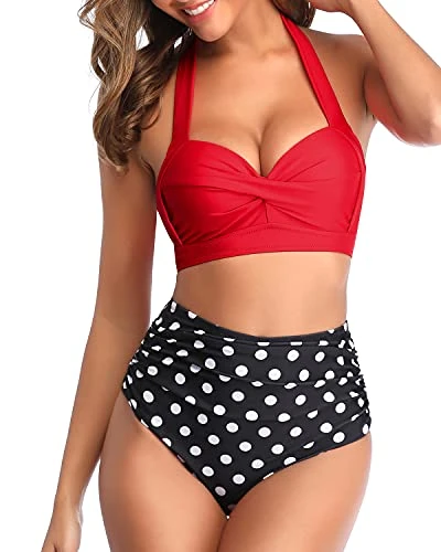 Two Piece Vintage Swimsuit High Cut Bikini Bottom-Red Dot - Image 3