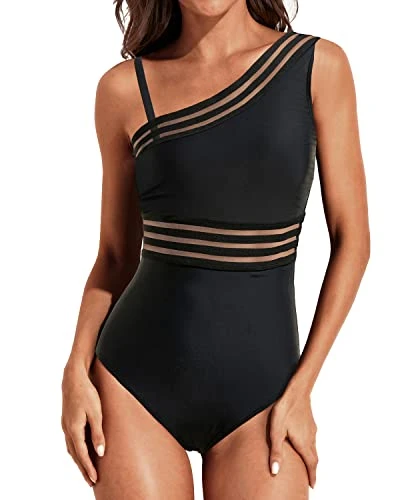 Mesh One Shoulder Tummy Control One Piece Swimsuits For Women Stylish Swimwear - Image 3