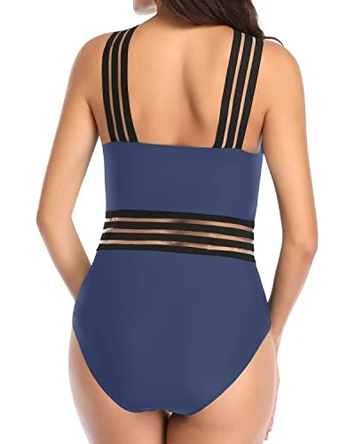 Removable Padded Push Up Bras One Piece Front Crossover Swimwear-Blue - Image 4
