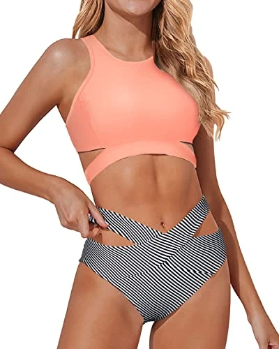 Cute Cutout Bandage Two Piece Bathing Suits-Coral Pink Stripe - Image 3