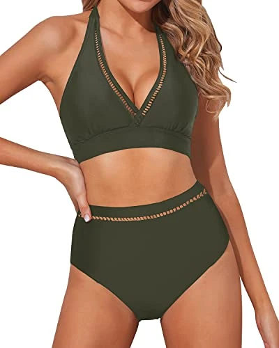 2 Piece Trendy Deep V Neck High Waisted Bikini Sets For Women-Army Green - Image 4