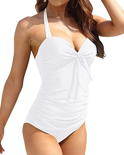Self-Tie Halter Neck Slimming One Piece Swimsuits-White - Image 3
