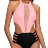 Flattering Waist Cutout Halter One Piece Swimsuit For Women-Pink And Black