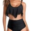 2 Piece Adjustable Spaghetti Straps Removable High Waisted Bikini-Black