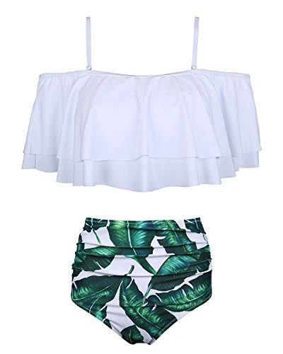 Fashionable Off Shoulder Tummy Control Bikini Set-White Leaf - Image 2